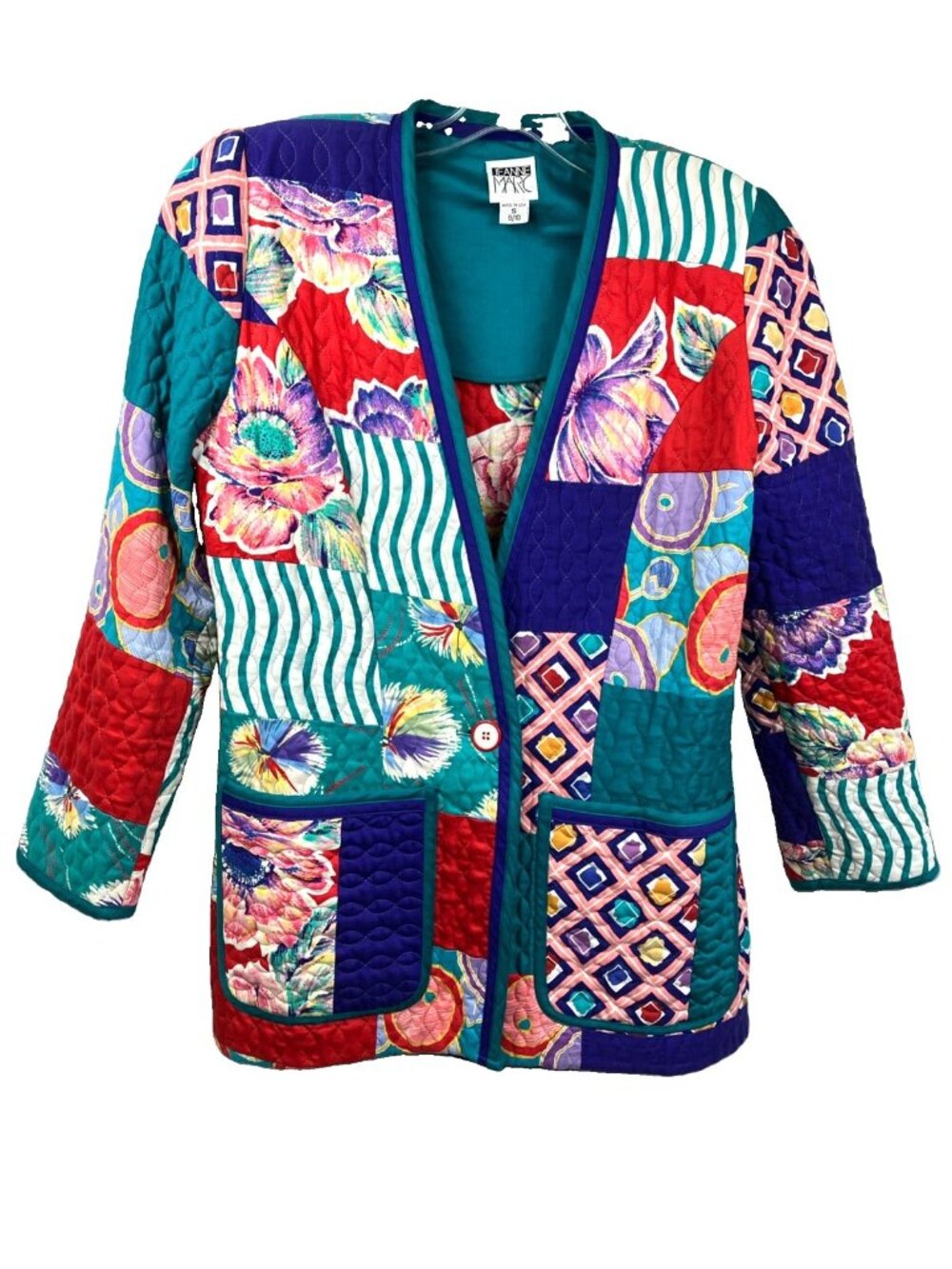 Vintage 80s Jeanne Marc Quilted Jacket Pockets Floral Stripe